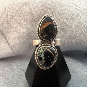 ❤️ Rare BlackJack Turquoise 2 Stone 926 Adjustable Navajo Ring 9.5gm Unisex